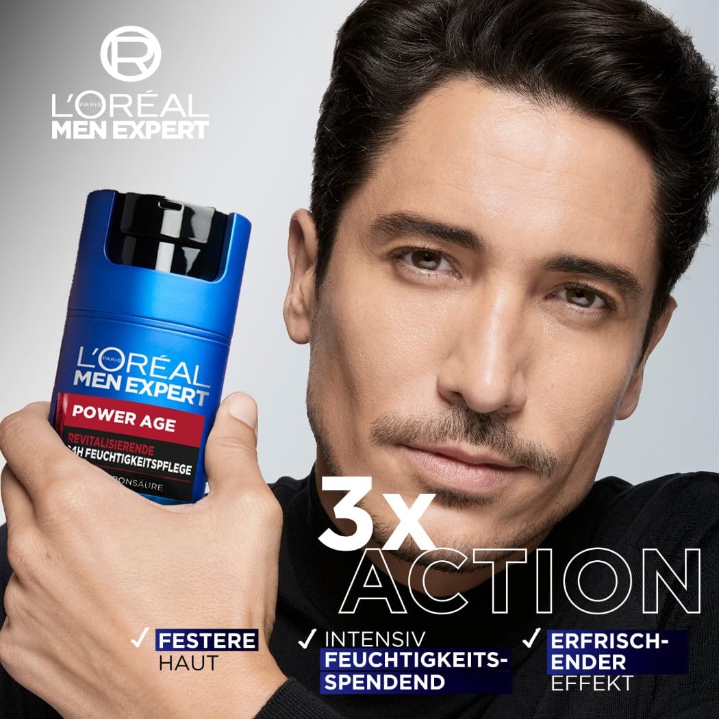 L'Oréal Men Expert Power Age Pflegeset gegen Falten mit Hyaluronsäure, Geschenkset für Männer, 2 x 50 ml, 1 x 30 ml, 1 x 15 ml