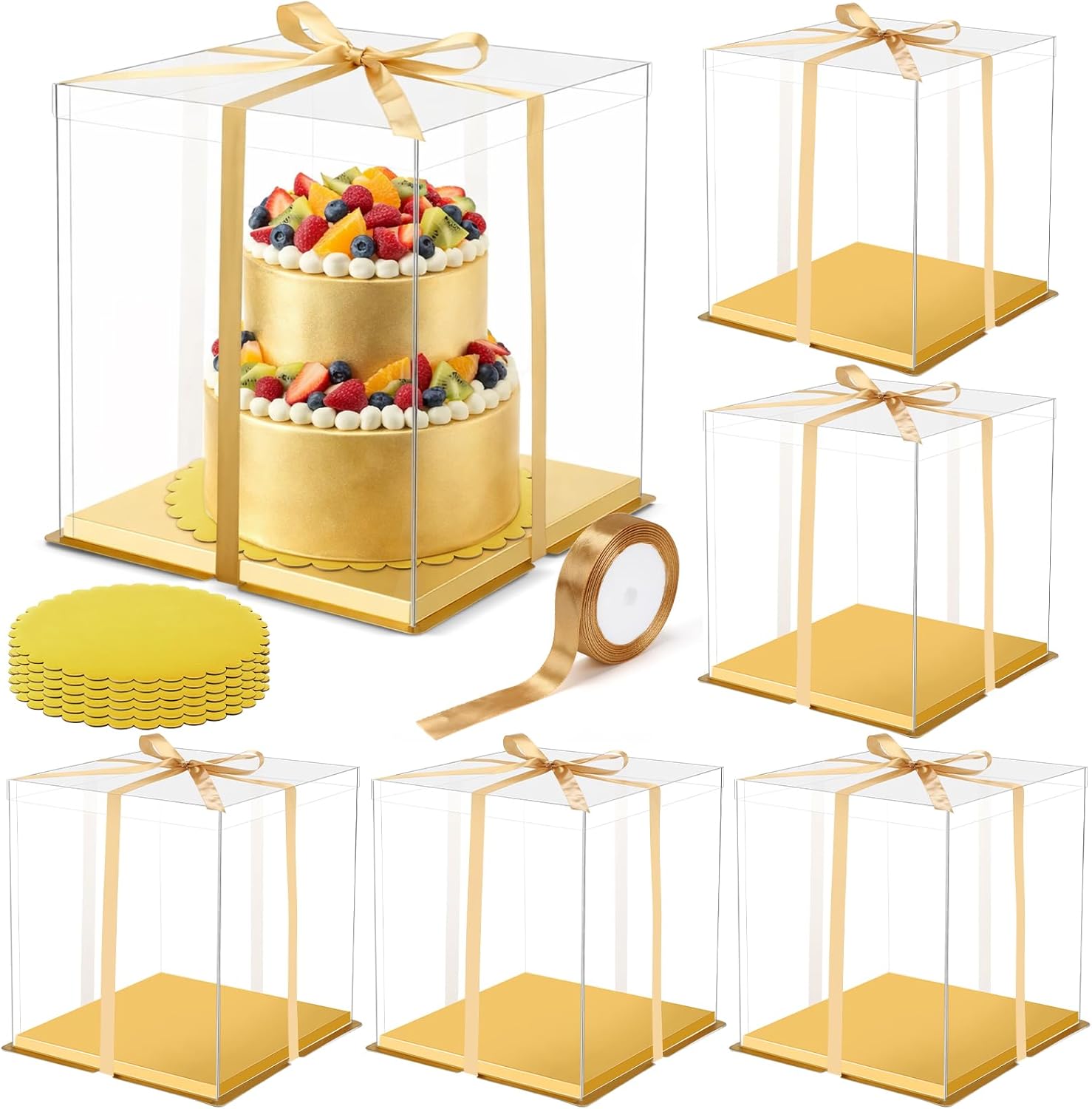 6 Packs Large 12''x12''x13'' Clear Cake Box with Round Cake Boards and Ribbon Taller Box Carrier Tiered Transparent Gift Container with Lid & Board for Birthday Wedding Festival Party(Gold)