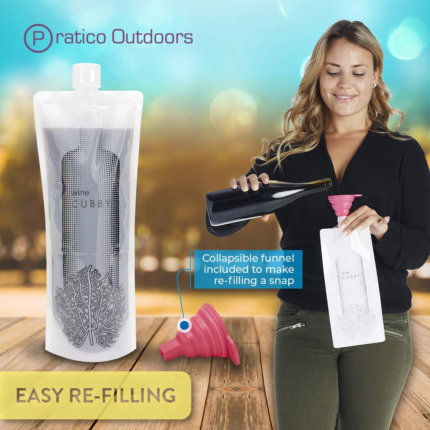Pratico Outdoors WineCubby Reusable Plastic Wine Bag Set with Case and Funnel, No Glass, Holds 1 Bottle of Wine