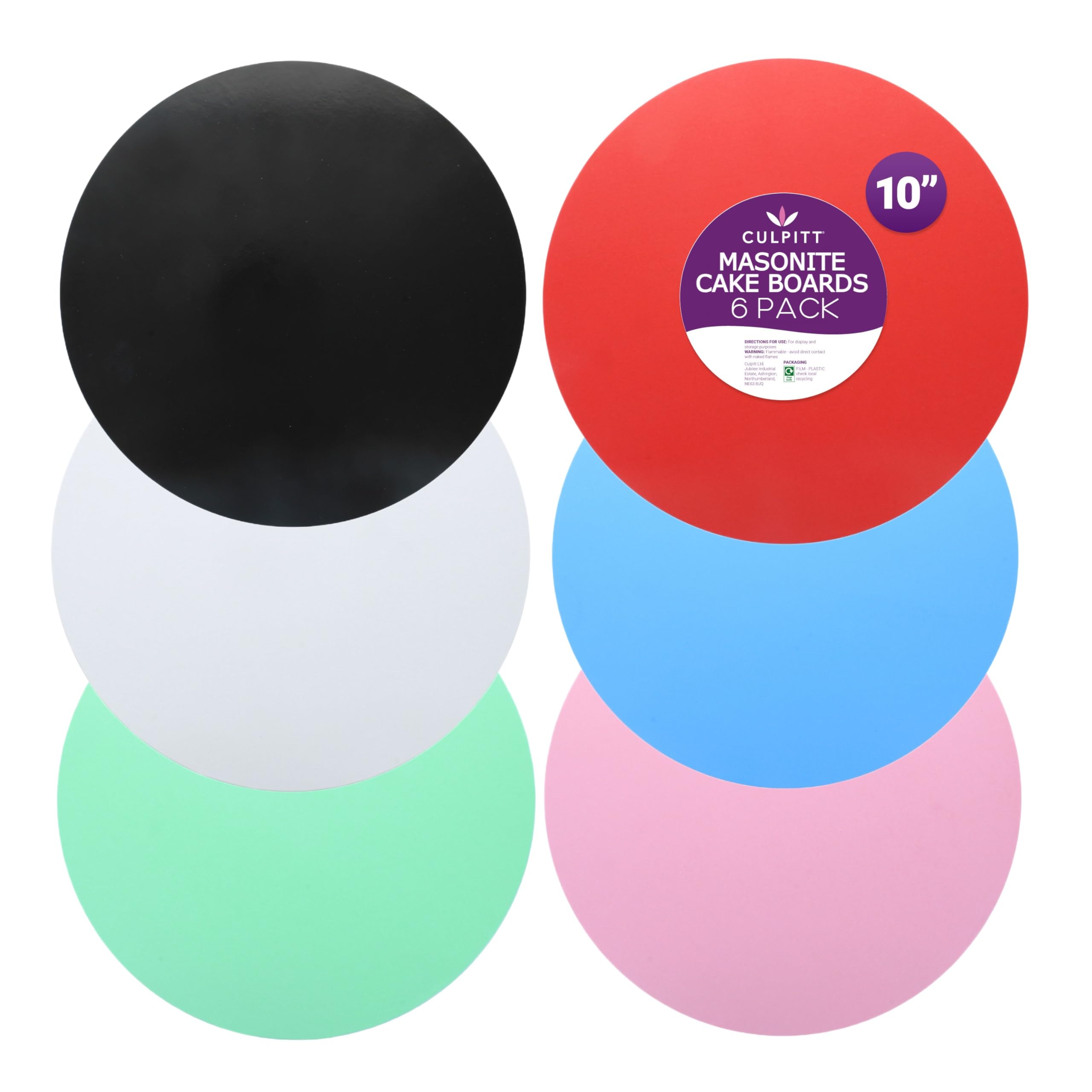 Culpitt 10" Masonite Cake Boards | 6 Pack | Red, Blue, Pink, Green, Black, White | Extra Strong, Round, 5mm Thick Multi-Coloured Set | 25 cm | 10 Inch Round