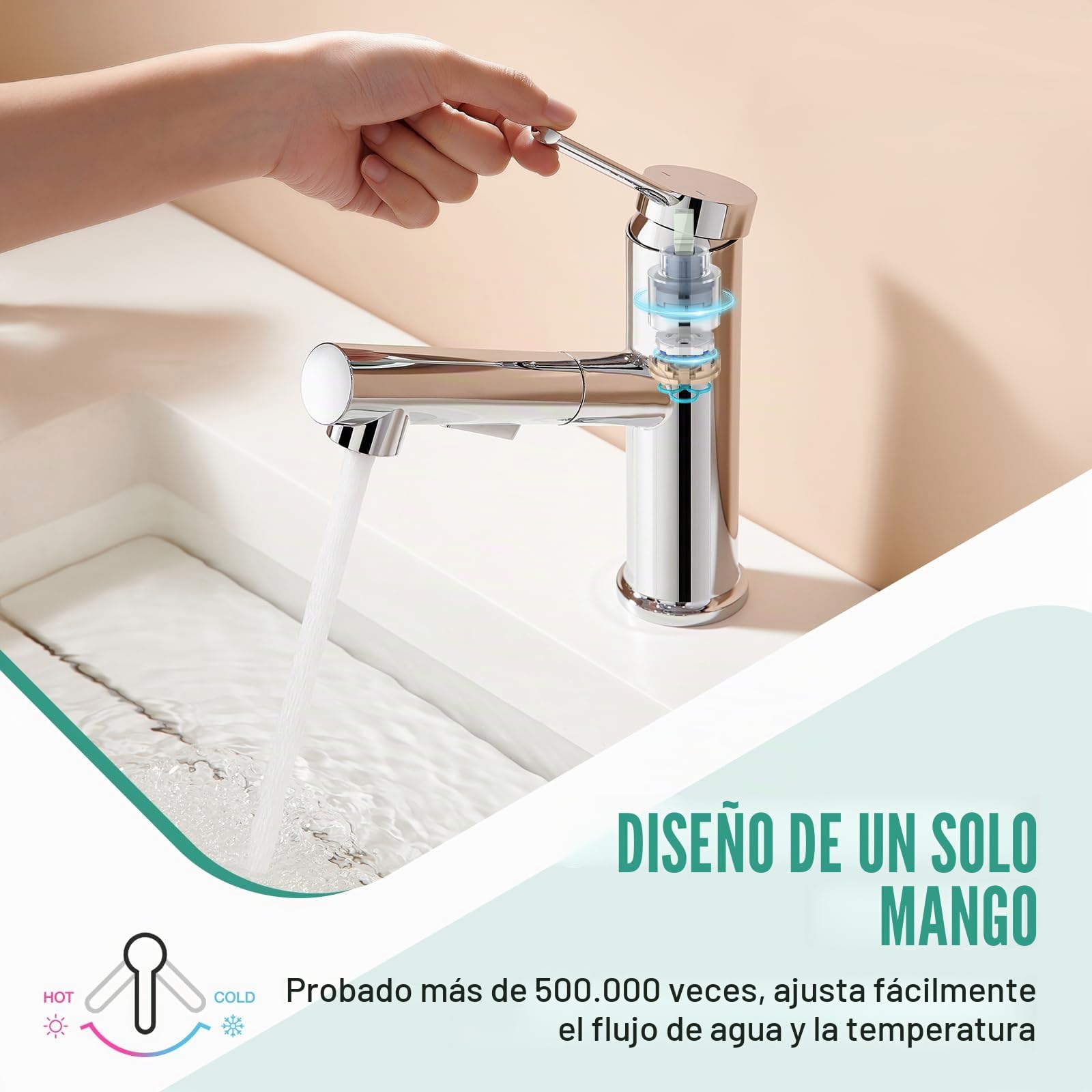 Faustina Grifo Lavabo de Baño Extraible, Mezclador Monomando, pulido cromado