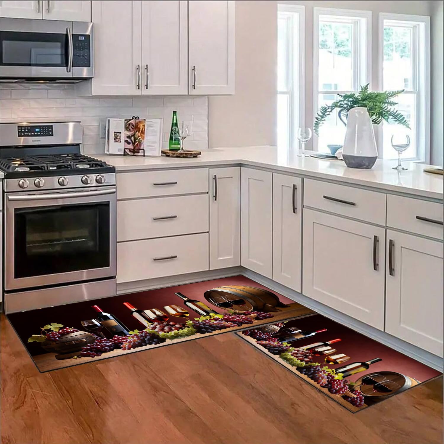 Red Wine Kitchen Decor Rug Set of 2,Country Farmhouse Style Kitchen Floor Mat,Absorbent and Washable Runner Rug, 17x30+17x47 Inches image 5