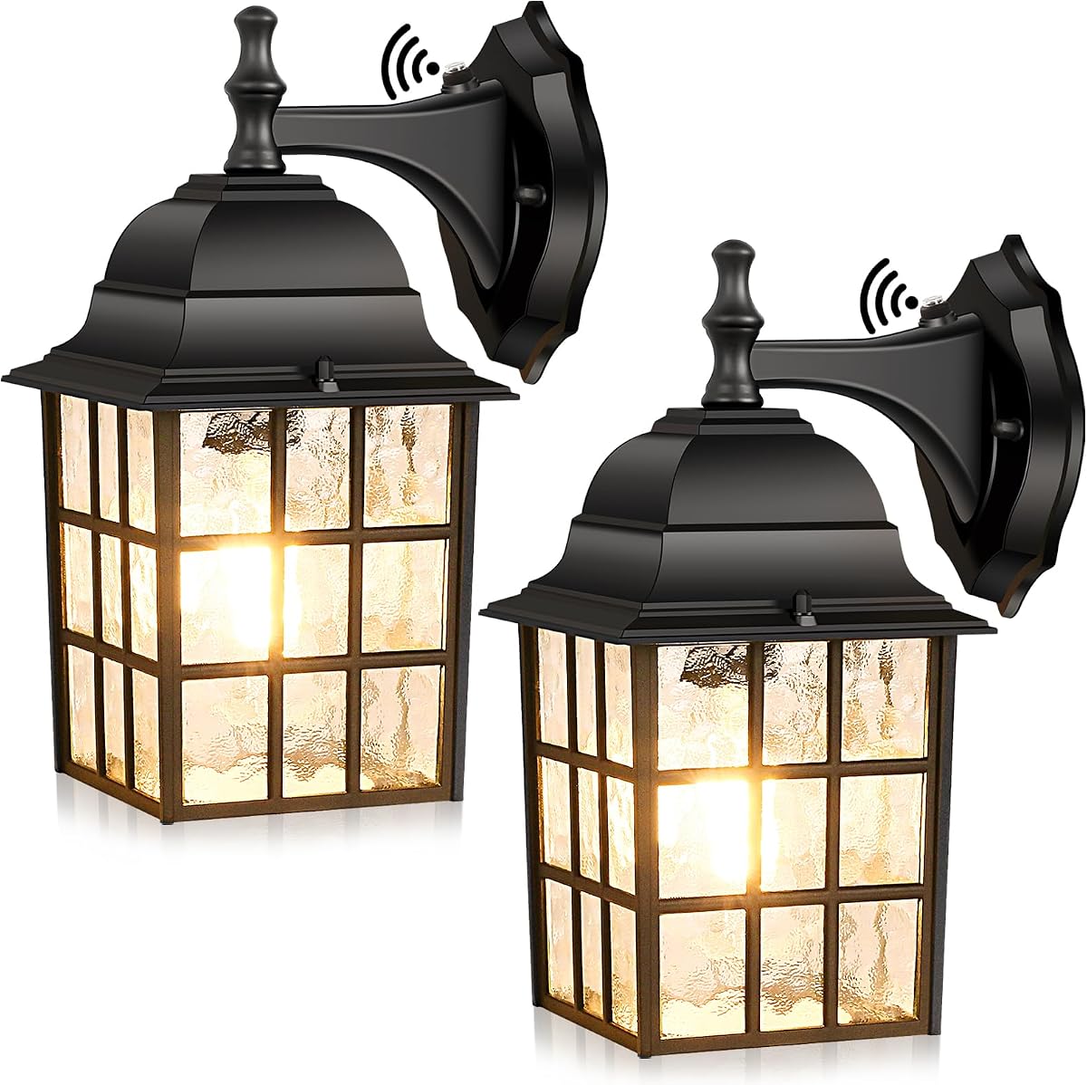 2-Pack Dusk to Dawn Outdoor Wall Lantern, Exterior Light Fixtures with Photocell Sensor, Black Wall Light Waterproof, Waterfall Glass Outside Wall Sconce for Porch House Garage