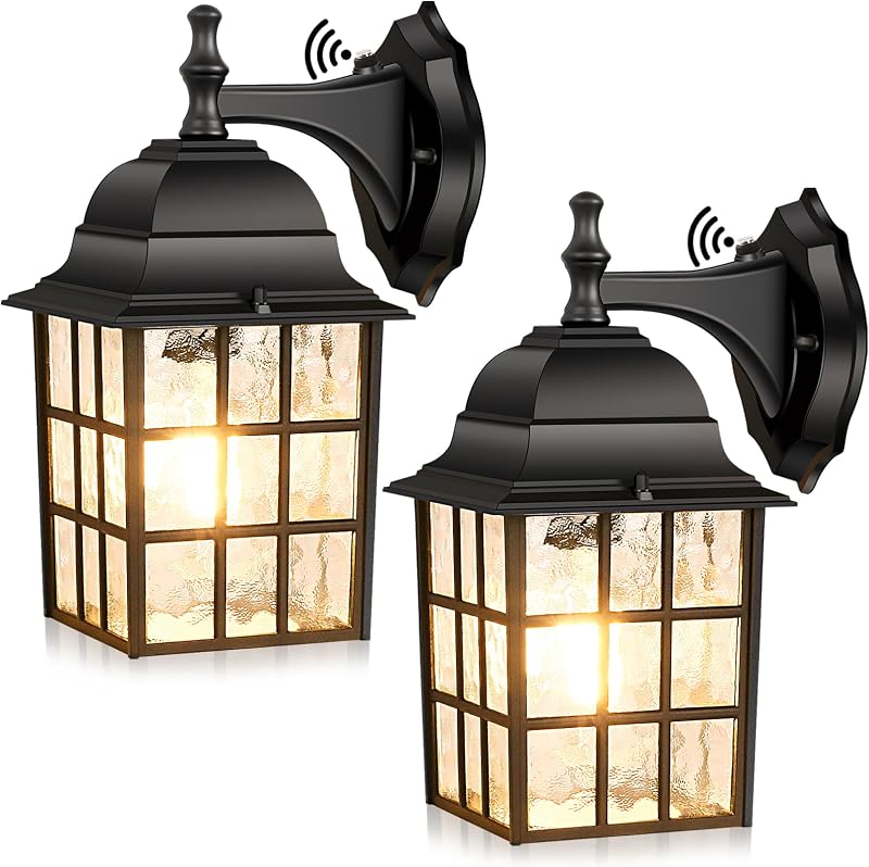 2-Pack Dusk to Dawn Outdoor Wall Lantern, Exterior Light Fixtures with Photocell Sensor, Black Wall Light Waterproof, Waterfall Glass Outside Wall Sconce for Porch House Garage