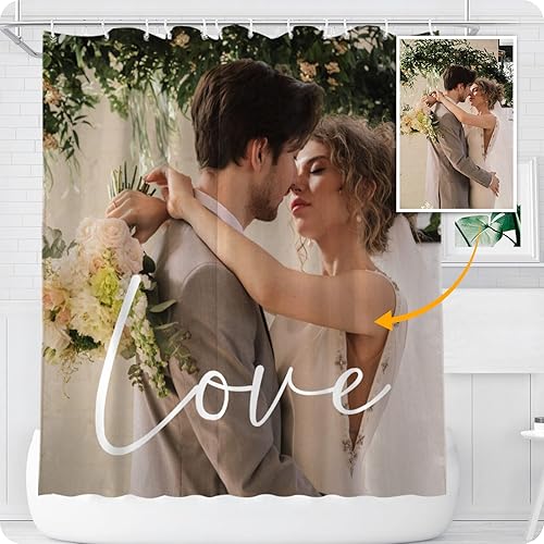 Cortina de ducha personalizada, divertida, impermeable, forros para cortina de ducha, haz tus propias 1-9 fotos, texto de fondo con 12 ganchos para