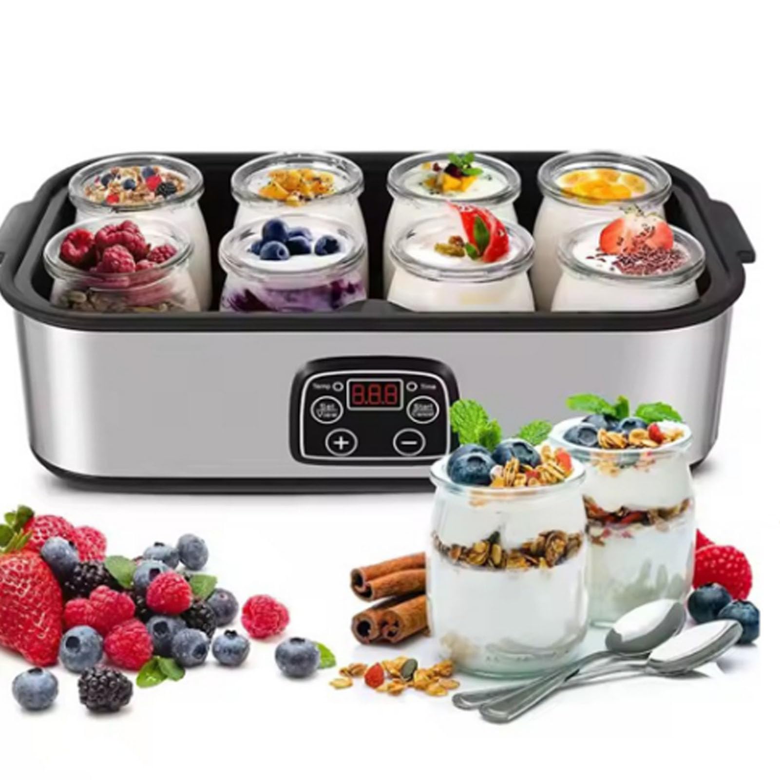 Fabater Yogurtera digital automática con 8 frascos de 48 oz (6 oz cada), pantalla LCD con control de temperatura constante, diseño de acero inoxidable para (EU enchufe 220V)