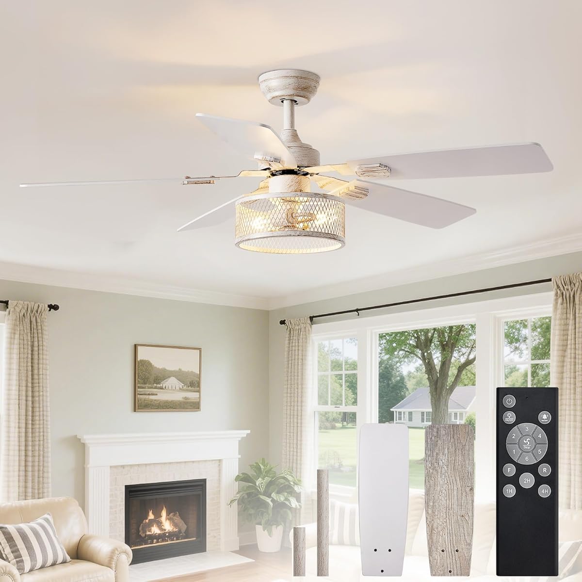 Depuley Rustic Ceiling Fan with Light: Quiet Ceiling Fans with 5 Blades Dual Finish Reversible - Farmhouse Ceiling Fan with Remote Control for Living Room Outdoor Patios - White Grey 52-Inch