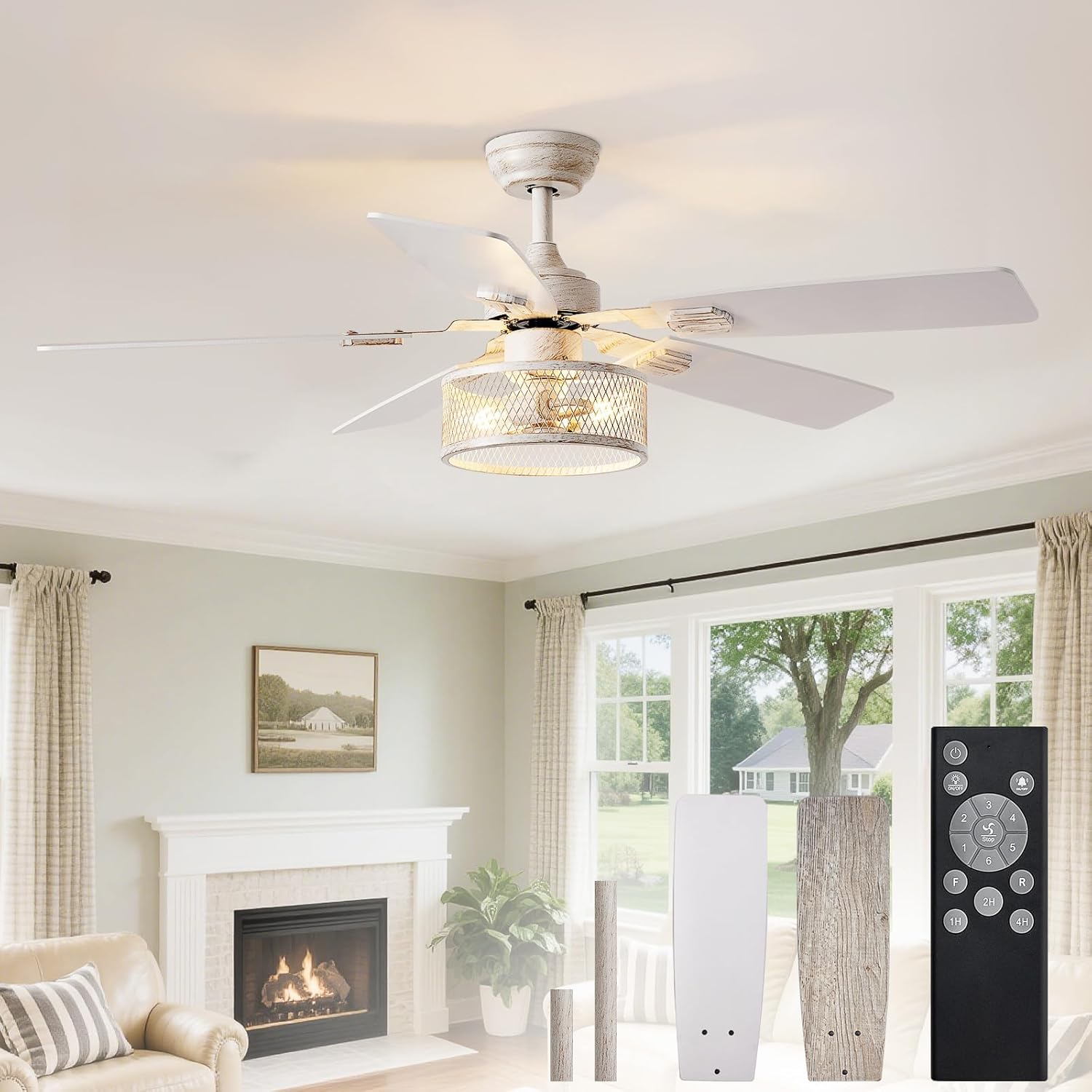 Depuley 52-Inch Ceiling Fans with Lights: Caged Ceiling Fans Dual Finish 5 Blades - Rustic Ceiling Fan with Remote Control for Farmhouse Living Room Outdoor Porch (E26 Bulb Included) - White Grey White Grey 52 Inch