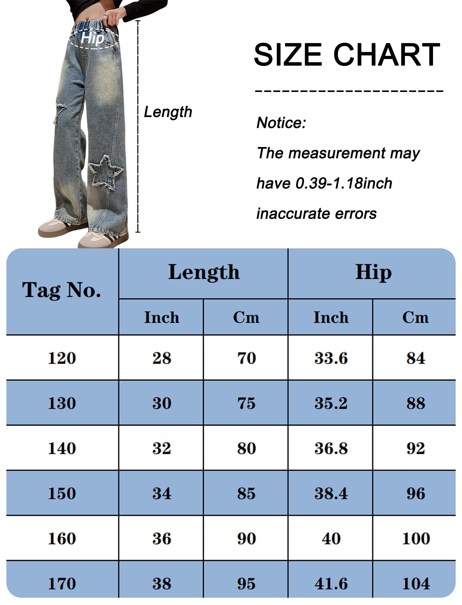 Happy Cherry - Pantaloni Lunghi Jeans Ragazza Bambini Jeans Casual con Elastico Vita Pantaloni Confortevole Ragazze per Estate Primavera Autunno - 5-15 Anni
