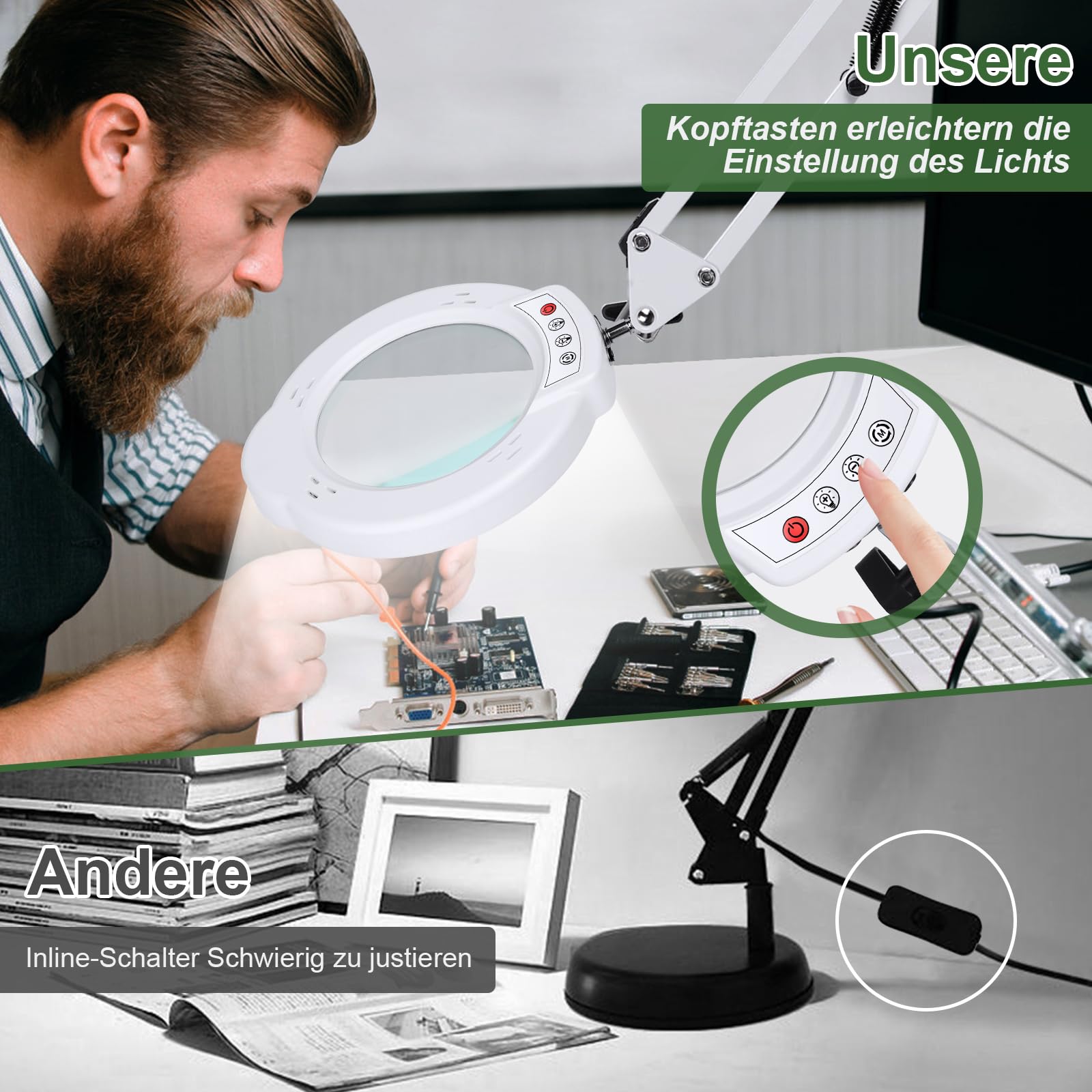 10X Lupe mit Licht und Ständer LED Lupenleuchte, Stufenlos Dimmbar, Weiß