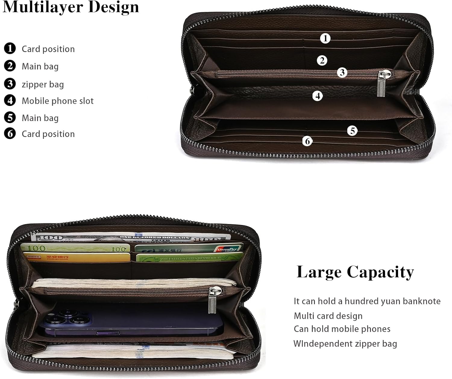 Vintage Handmade Leather Women's Wallet Wristlet Wallet Zipper Wallet Card package (Brown) - Image 5