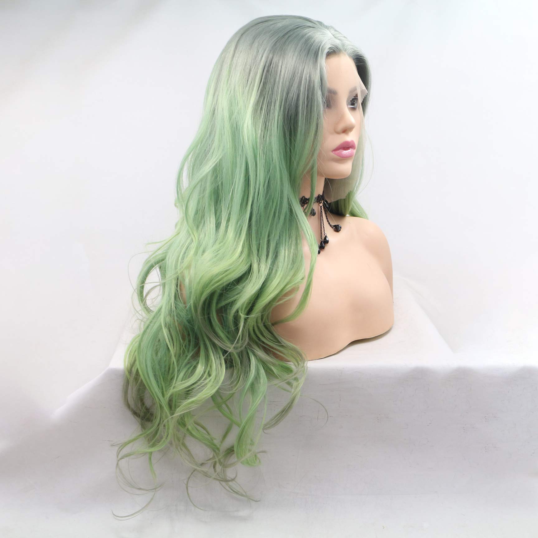 Karissa Ombre Grüne Mode Wasser Welle Synthetische Lace Front Perücken für Frauen Mittelteil Beste Glueless Hitzebeständige Hochzeit Billig Perücke Täglichen Make-Up 24 zoll