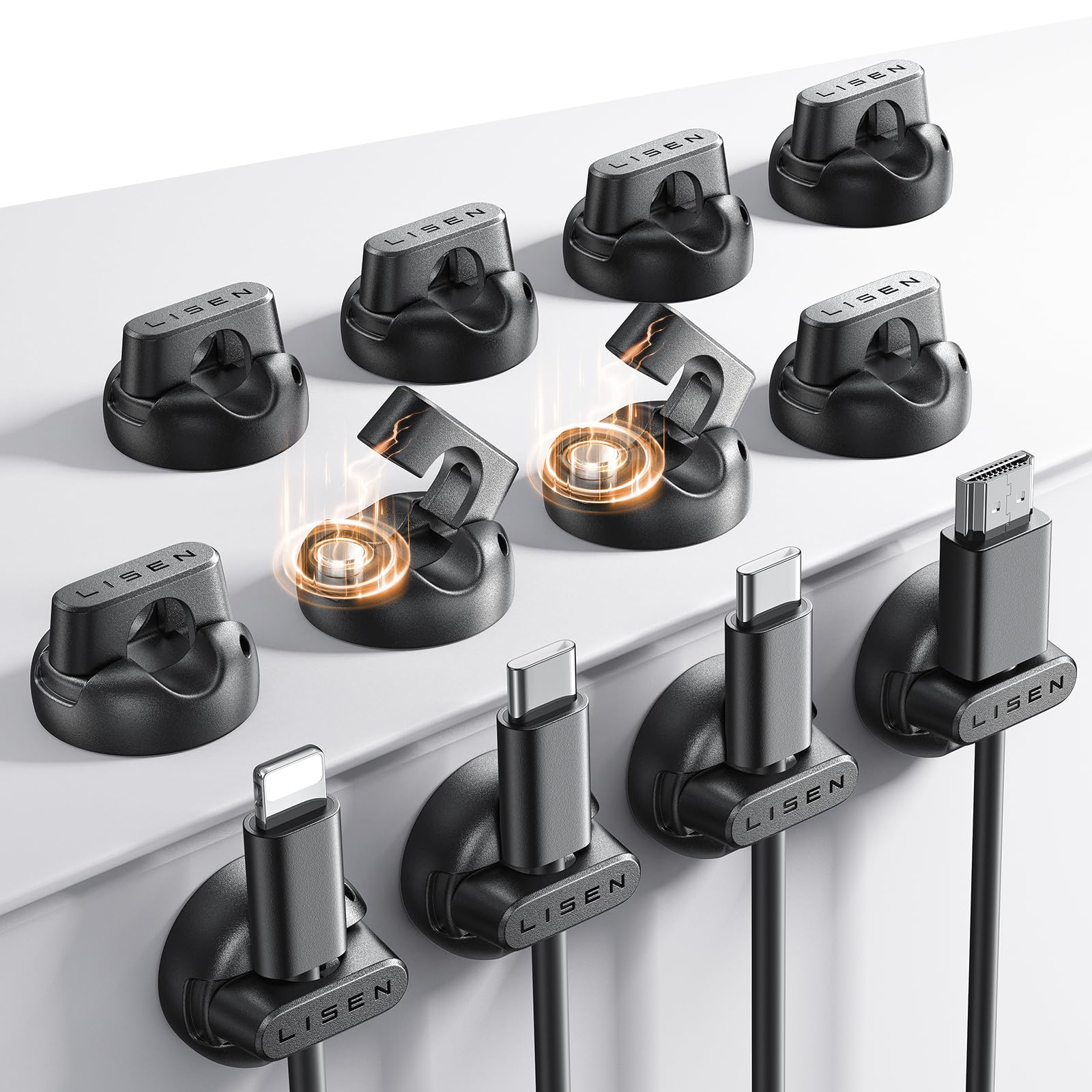 12-Pack Magnetic Cable Clips [1S Snap-On] Cord Holder, LISEN Office Desk Organizers and Accessories with 6 Extra Strong Adhesive Pads, Wire Organizer for Nightstand, Home, Wall, Car, Desktop
