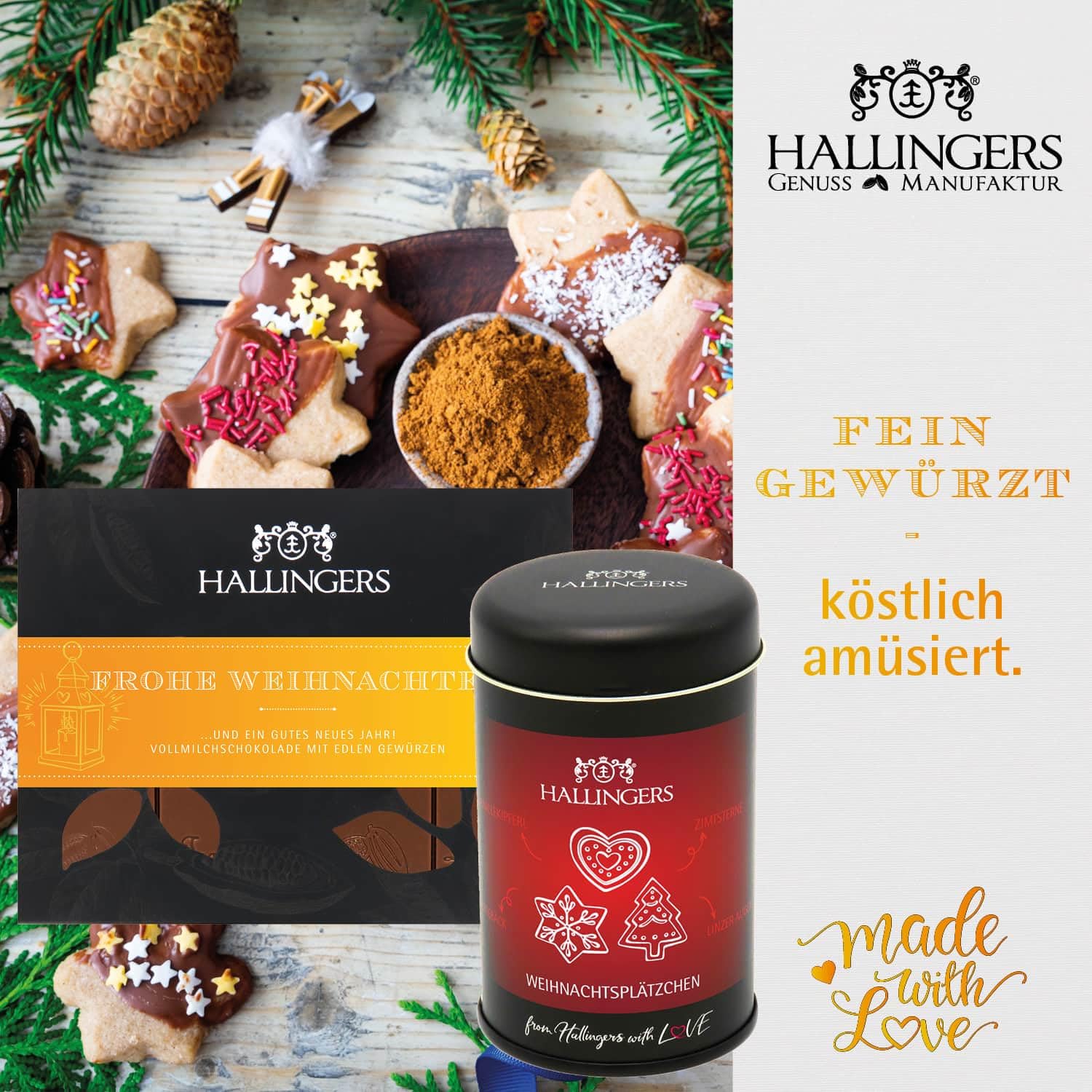 Hallingers Genuss Manufaktur Feinkost Weihnachts-Geschenk-Set - XXL-Geschenkkorb "Frohes Fest" große Selektion Nougat, Müsli, Kaffee, Duftkerze, Gewürz, Schoki & mehr, Weihnachten für Frauen Männer
