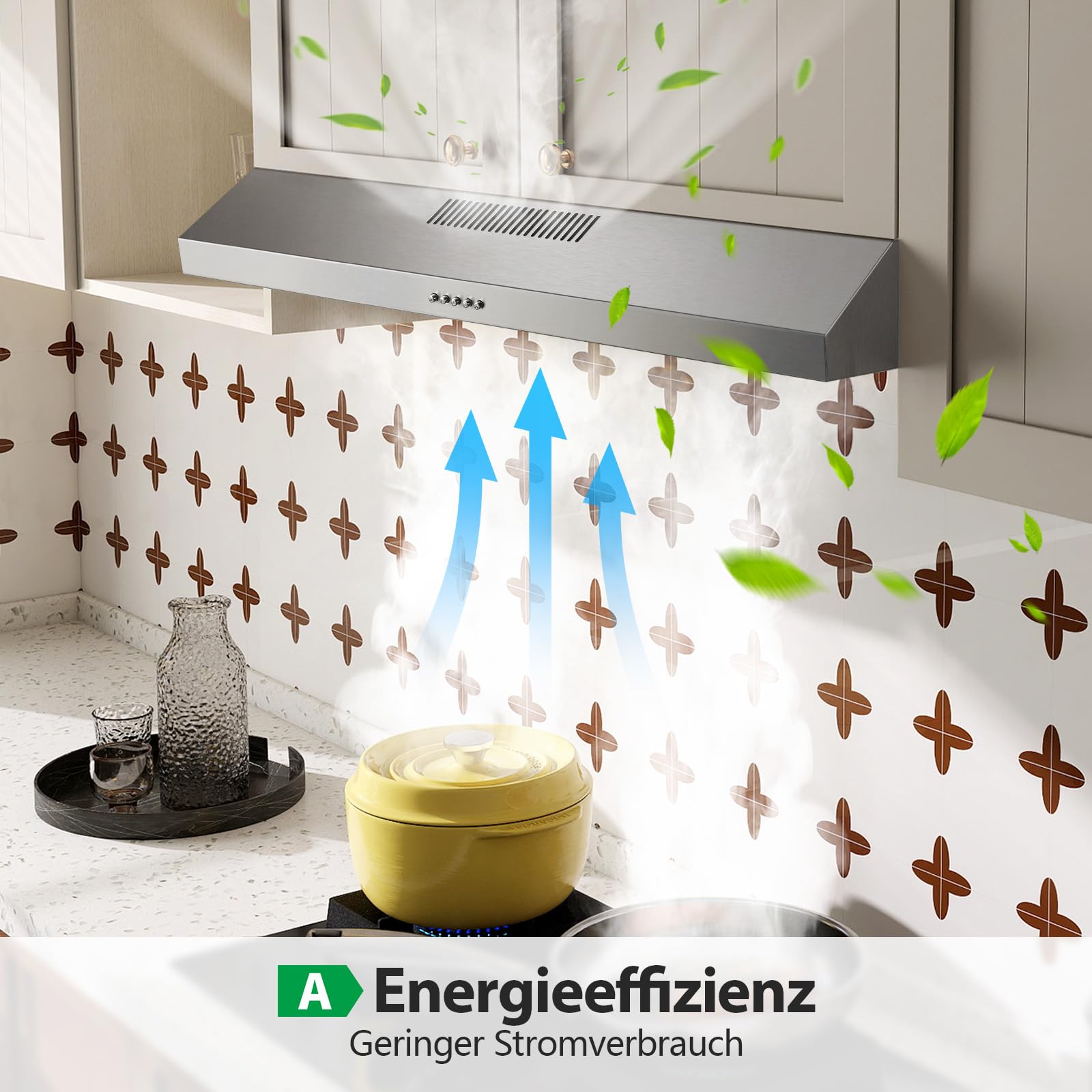 TopStrong Dunstabzugshaube 90cm Unterbau, Umluft & Abluft Dunstabzug mit LED-Beleuchtung, 201 m³/h Unterbauhauben Abzugshaube mit Aktivkohlefilter CF-D, A Energieklasse, 3 Stufen, Edelstahl Silber
