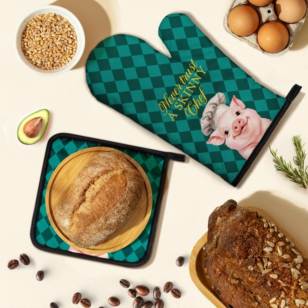 Never Trust A Skinny Chef Oven Mitts and Pot Holders Sets, Funny Pig Chef Oven Mitts for Baker, Housewarming Baking Gifts for Foodies Housewives Baker Lover Dad, BBQ Cooking Lover Gifts - Image 5