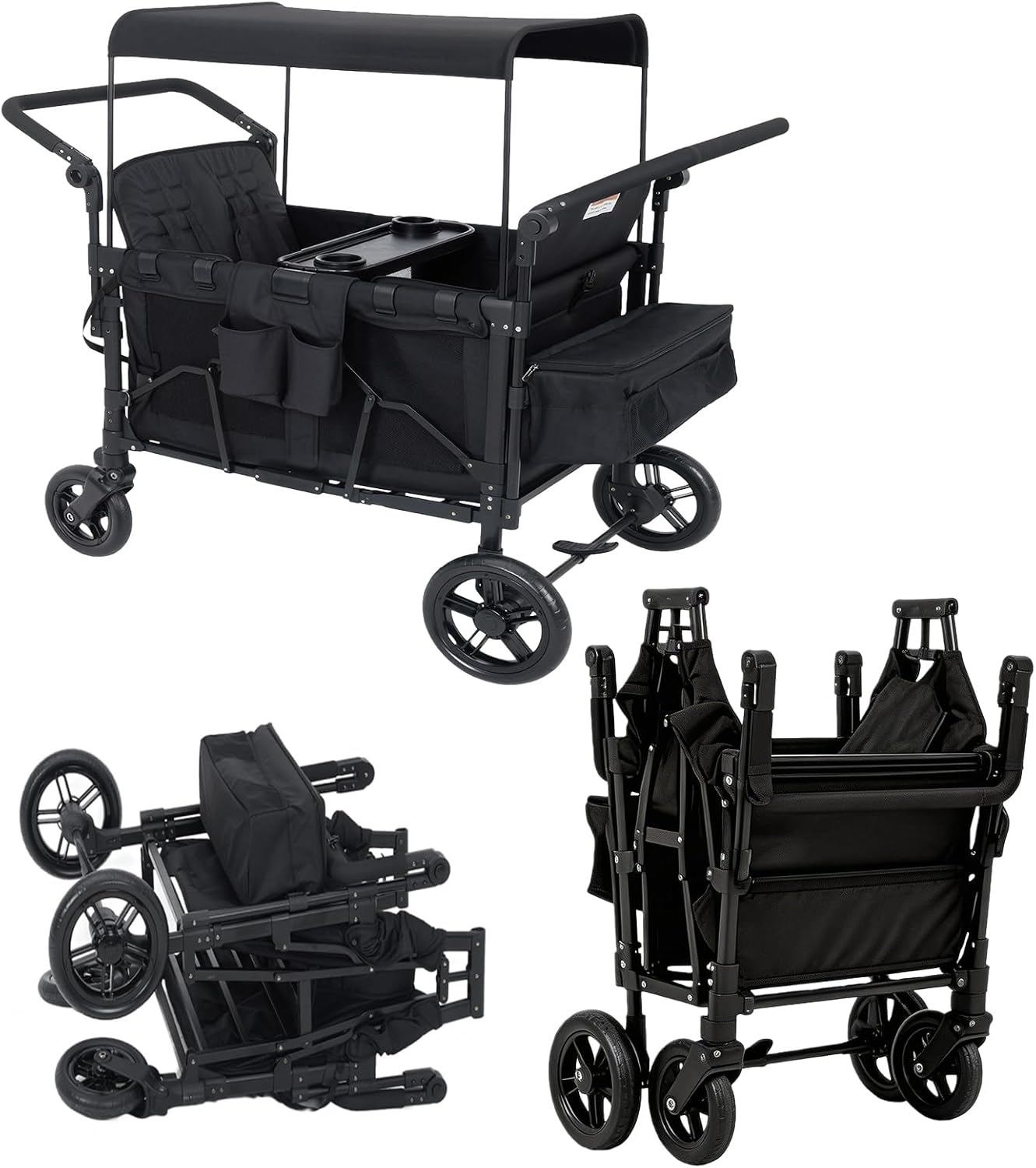 4 Seater Stroller Wagon for Kids, Foldable 4 Kids Wagon Stroller with Removable Canopy, Adjustable Push/Pull Handle, Storage Pocket, Convertible Seats, Snack Tray, Black 4 Seat Wagon Wtroller