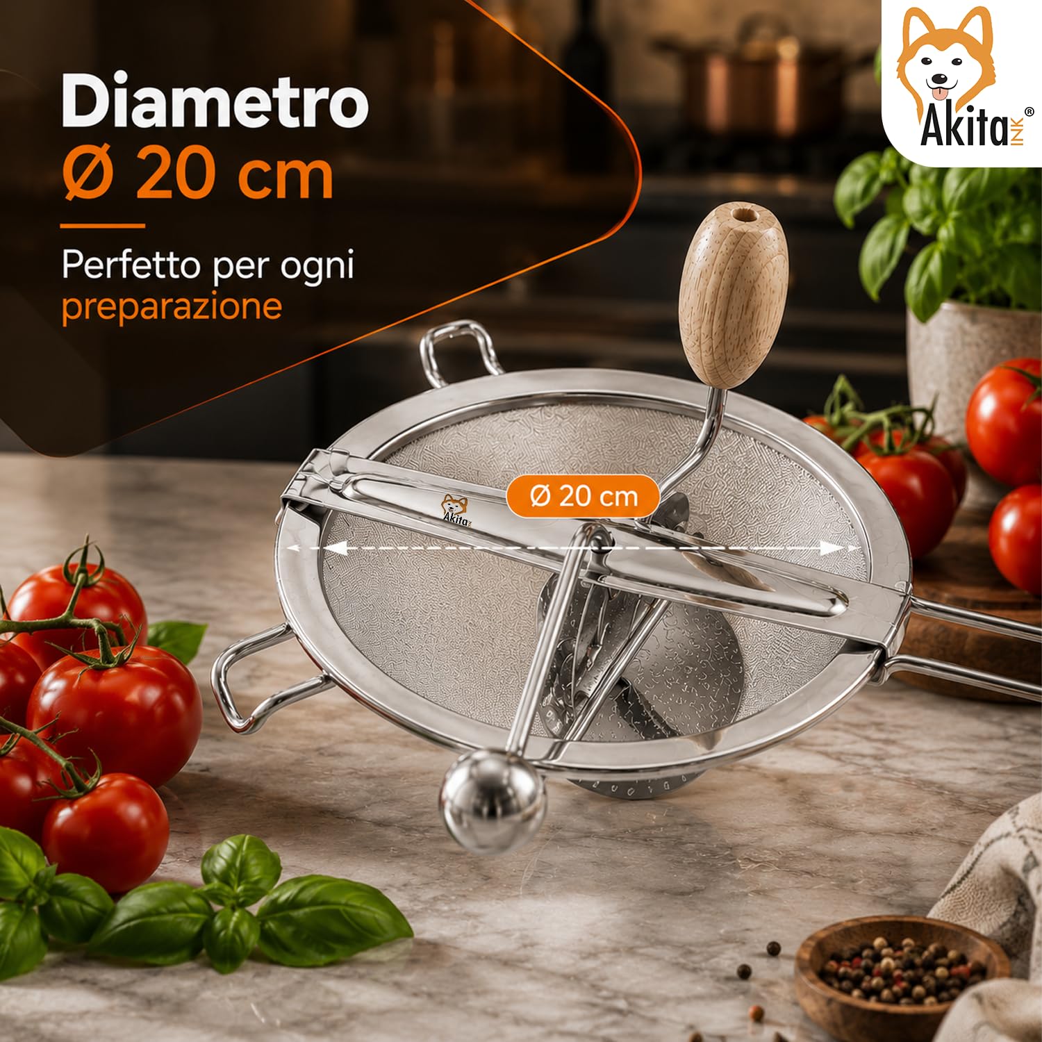Akitaink Passacolino 20 cm con Retina 0,64 mm, Setaccio Manuale per Marmellate, Farina, Verdure, Frutta e Legumi