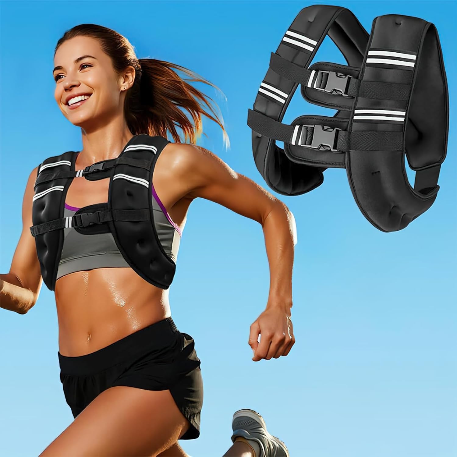 Adjustable Weight Vest for Fitness Training, Black Reflective Sports Vest with Safety Stripes, Multi-Purpose Exercise Equipment for Strength Training, Running, Hiking, Gymnastics