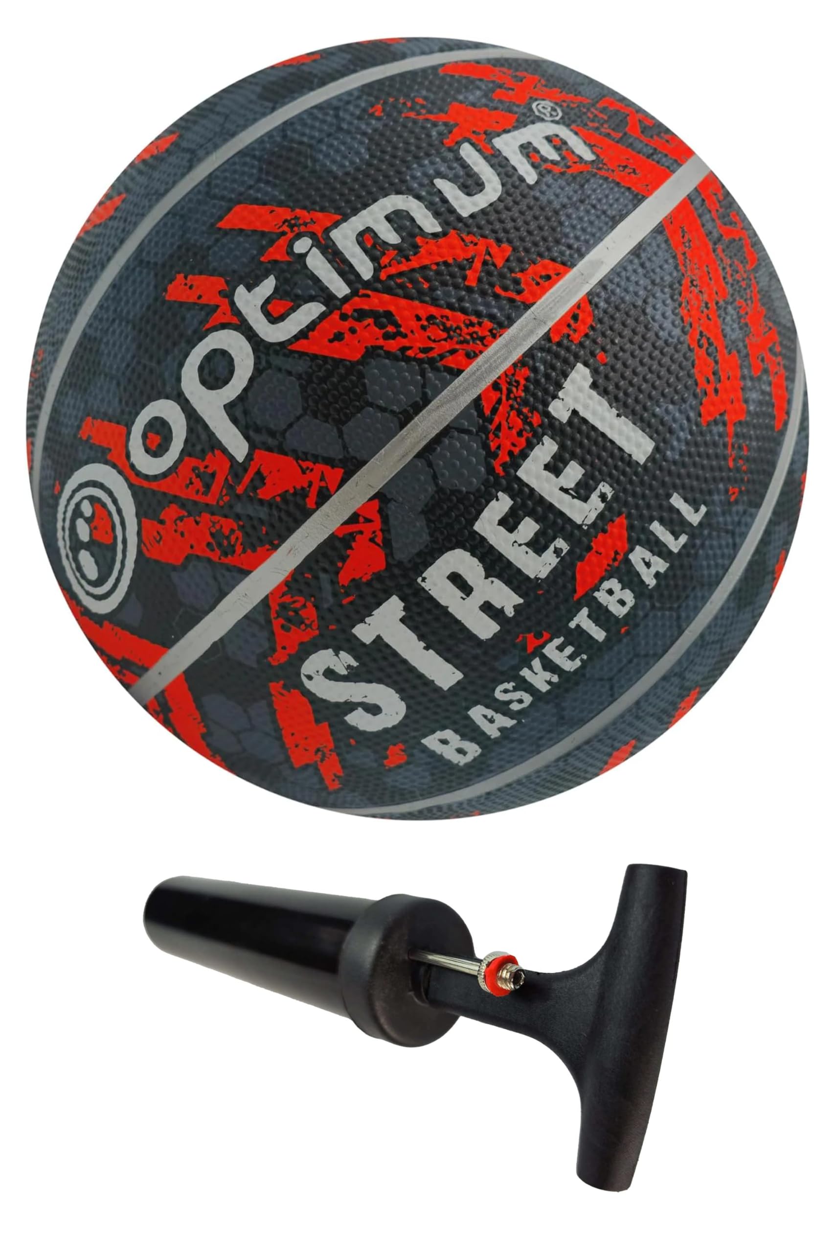Optimum Street Basketball - Size 7, Ball Pump Included, Black/Orange