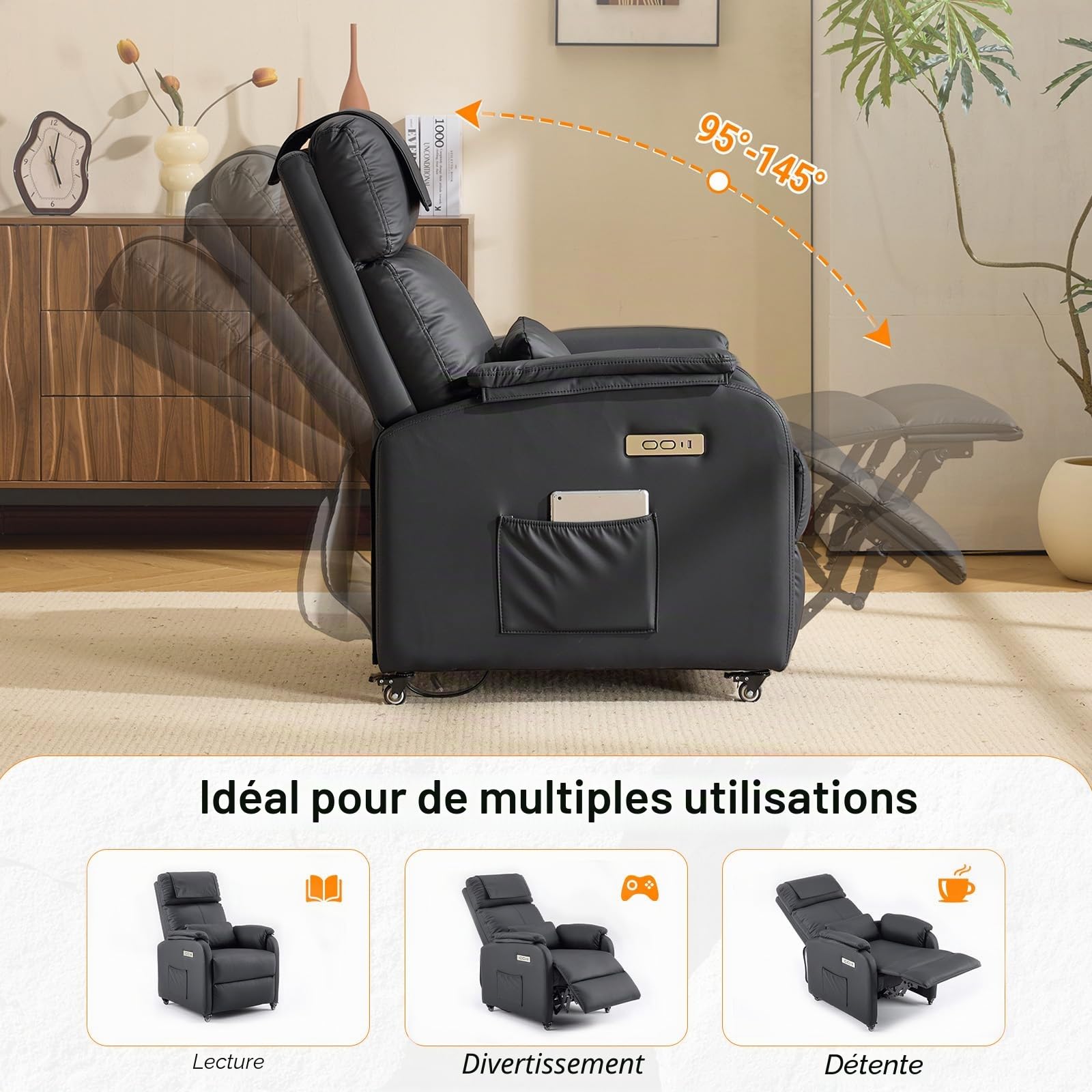 Bonnlo Fauteuil de relaxation, fauteuil de télévision, fauteuil de massage électrique avec fonction allongée, fauteuil TV, massage à 2 points et fonction chauffante, ports USB-C et USB-A, 1 poche