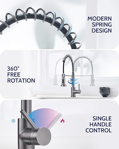 Miniatura 5 de LUFEIDRA Grifo de cocina gris negro grifo de fregadero con pulverizador, una sola manija de uno o tres agujeros comercial moderno RV acero