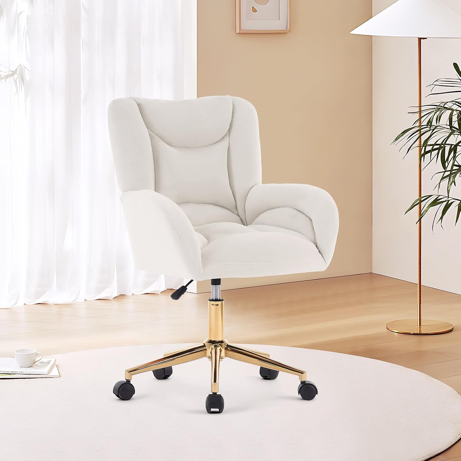 Velvet Teddy Fabric Home Office Chair Comfy Vanity Chairs Adjustable 360° Swivel Upholstered Computer Task Chair Living Room Chairs with Arm，Ivory (Velvet)
