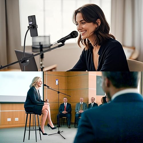 Miniatura 7 de Soporte de suelo para micrófono, soporte de micrófono con soporte para teléfono ajustable en altura, trípode estable con brazo de brazo de brazo