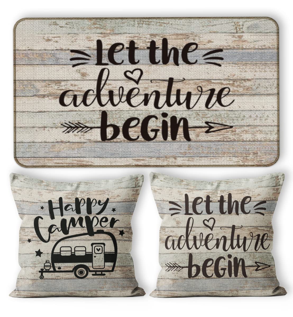 M-Qizi Let The Adventure Begin Decorative Doormat 17”X30”,Happy Campers Let The Adventure Begin Throw Pillowcase 18”X18”,3 Pieces Set(1 Doormat 2 Pillows Cover) Decor for Campsite RV