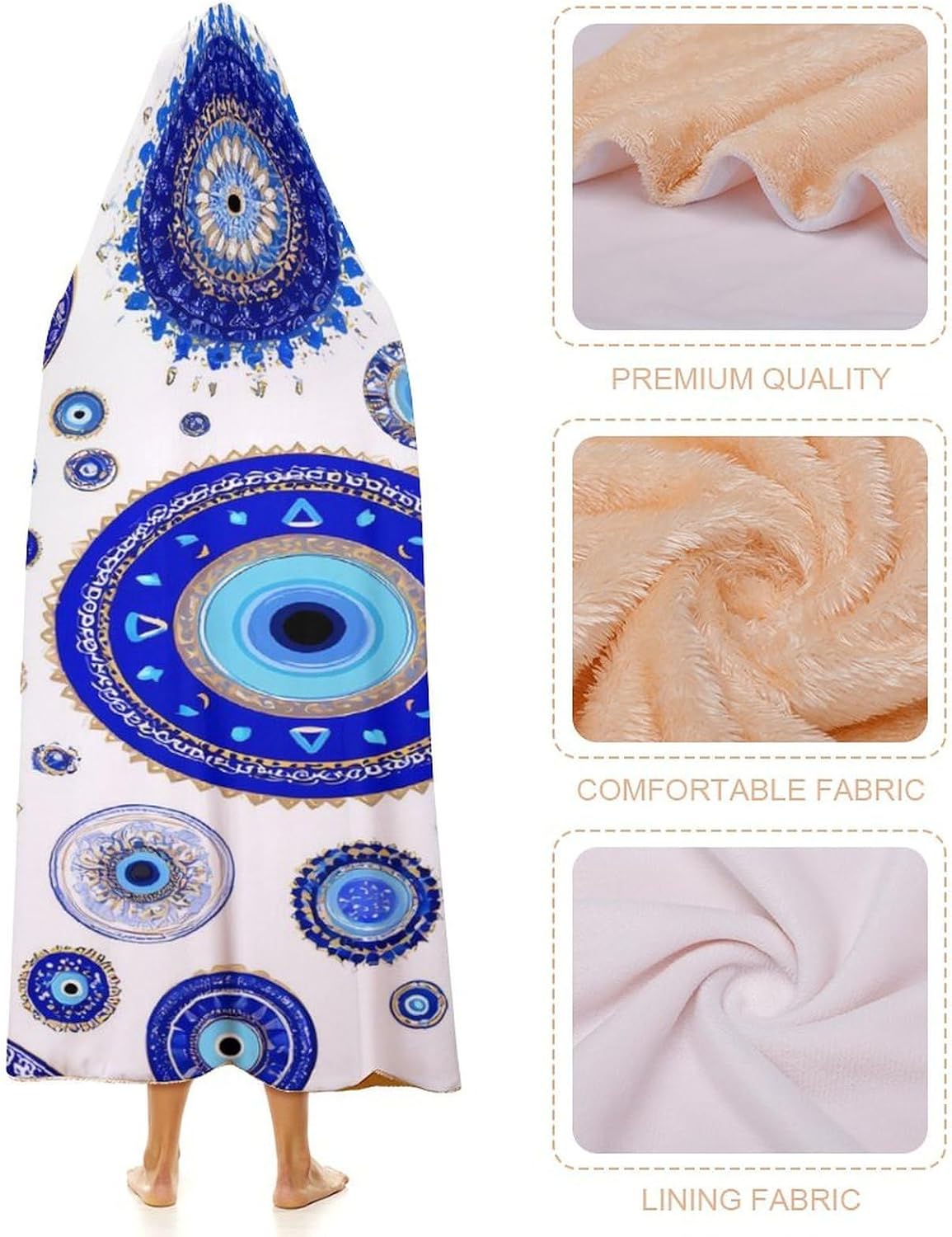 Blue Greek Evil Eyes Wearable Blanket Oversized Throw Cape | Cozy Hooded Blanket Gifts for Women Men