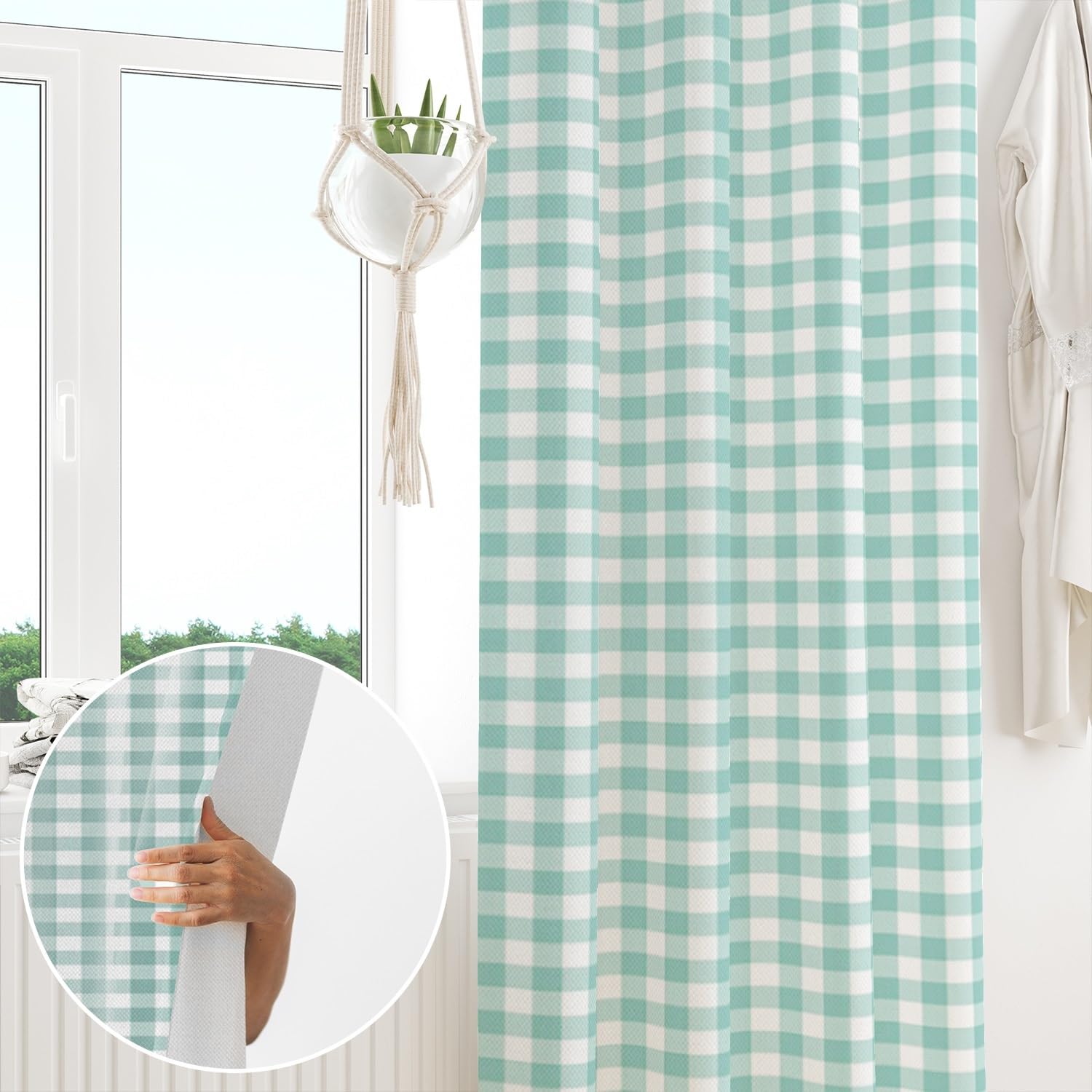 ggaimwf Checked Curtains Mint Green Gingham Curtains for Living Room Farmhouse Classic Plaid Curtains Window Treatments Bedroom Nursery Internal Door Back Tab Curtain Drape 117x229cm 1 Panel - Image 4