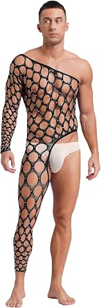 FEESHOW Men Sexy Shiny Rhinestone Mesh Body Stockings Gay Fishnet Bodysuit Lingerie Pantyhose
