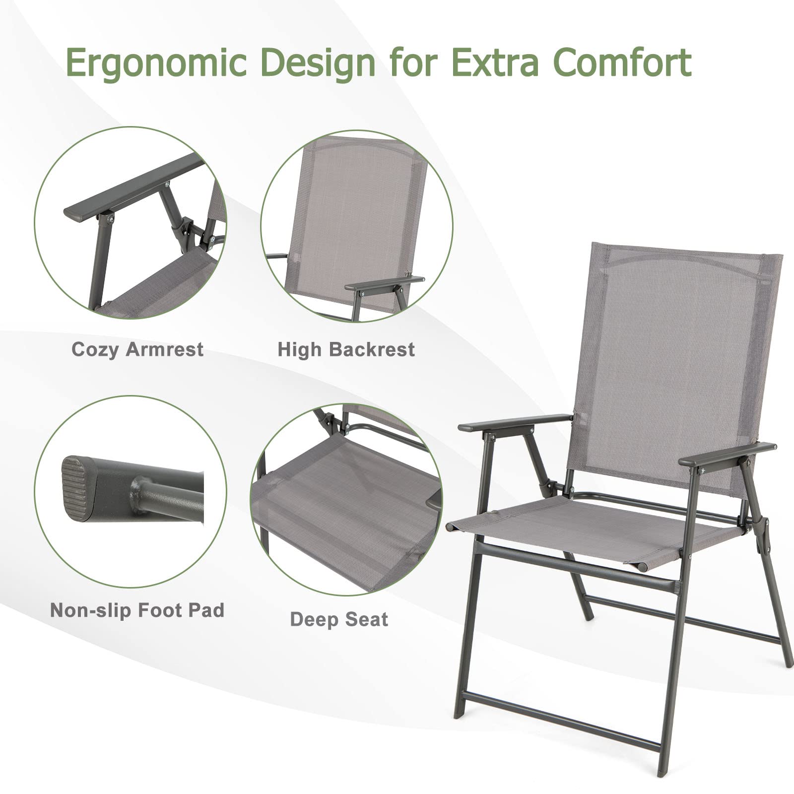 KOMFOTTEU Chaises de Jardin Portables, Charge 150 kg, Gris, Lot de 4 | Fauteuil d'Extérieur Pliable avec Serrure de Sécurité, Dossier Haut, pour Terrasse, Balcon, Plage, Fêtes