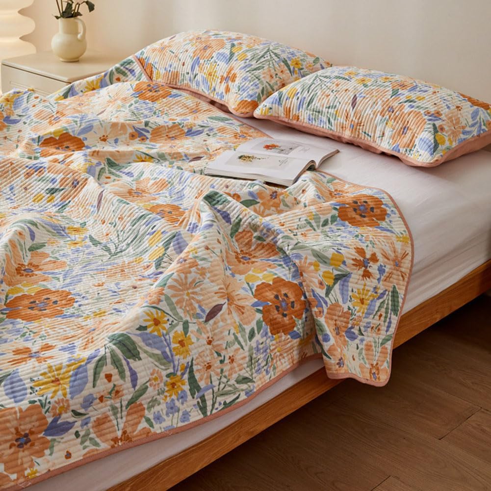 vctops Spring Floral Cotton Quilt Set Full Size 3 Pieces Summer Lightweight Quilted Bedspreads with 2 Pillow Shams Soft Botanical Coverlet Bedding Set for All Seasons (Floral A,Full)