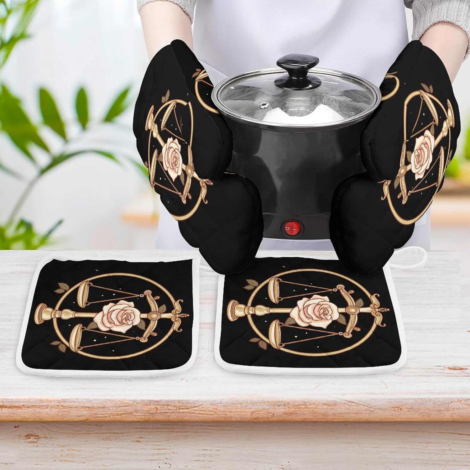 Balance Scale 4 Pcs Oven Mitts and Pot Holders Set High Heat Resistant Long Kitchen Oven Glove Potholders