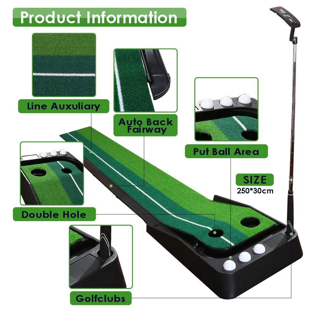 Golf Puttingmatte，Auto Rückkehr Golfmatte，mit Golf Putter,3 Golfbälle，Kunstrasen Golf Putting Matte， für Zuhause Büro Gym，tragbare Übungsmatte für Anfänger und Profis