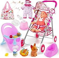 Vista 1 de Set de juguetes de cochecito de muñeca de seppacio con muñeca de 31.75 cm para niñas de 3-7 años, cochecito plegable, silla de comedor, accesorios