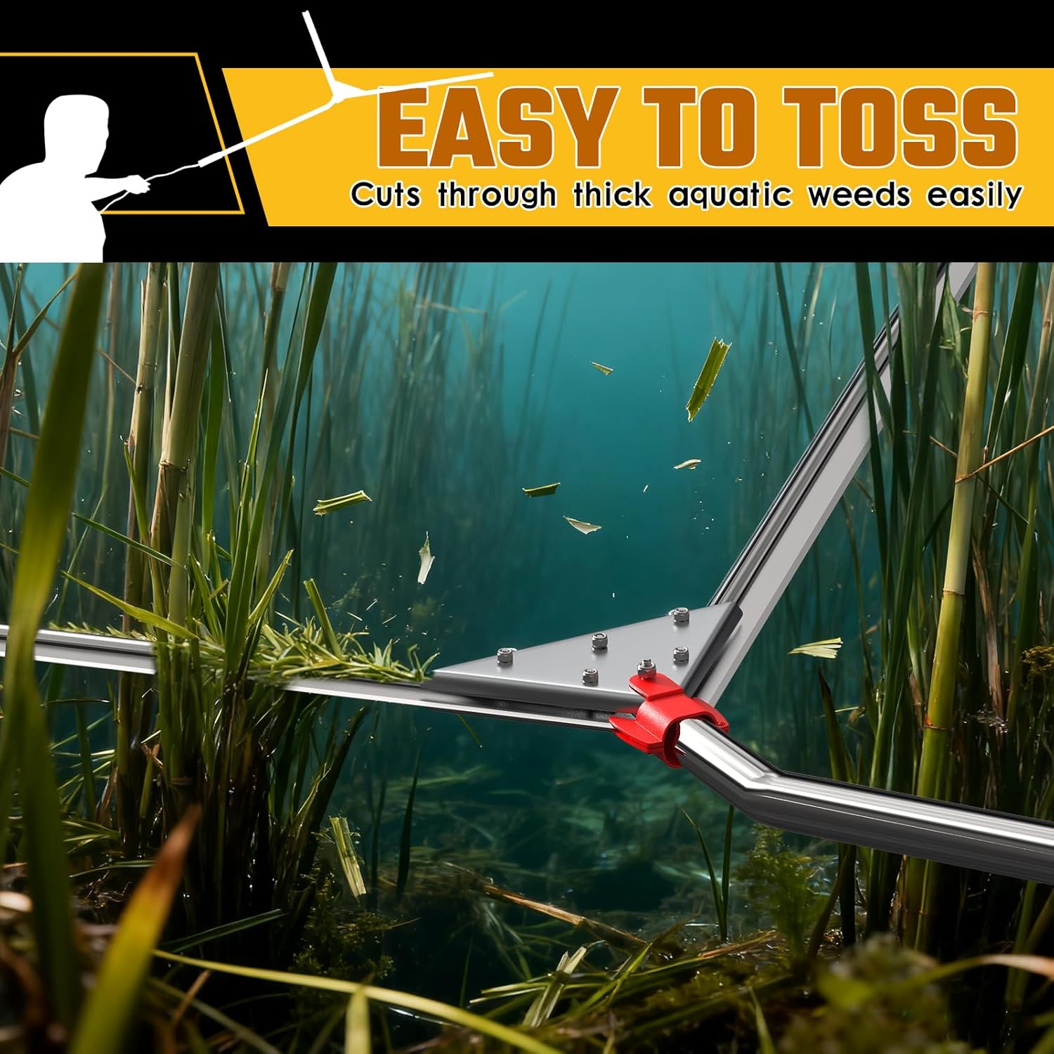 Buzzlett Lake Weed Cutter, 48-Inch Cutting Width, Aquatic Cutting Tool for Lakes & Ponds, Sharp Stainless Steel Blades, Rust-Proof, 28-Foot Throw Rope, Cuts Lily Pads, Algae & Reed