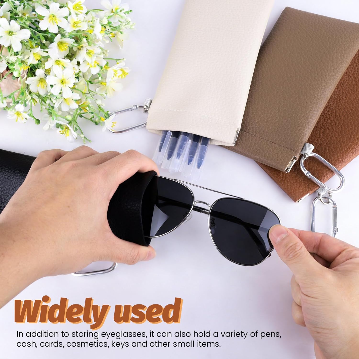 4 Pack Glasses Case with Clip, Soft Leather Sunglasses Case Squeeze Top, Slim Portable Eyeglass Pouch for Purse Travel Women Men