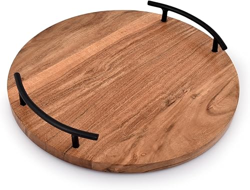 NIRMAN Bandeja redonda de madera para servir con asas de hierro para decoración vintage del hogar, centros de mesa de cocina de granja (12 x 12 x