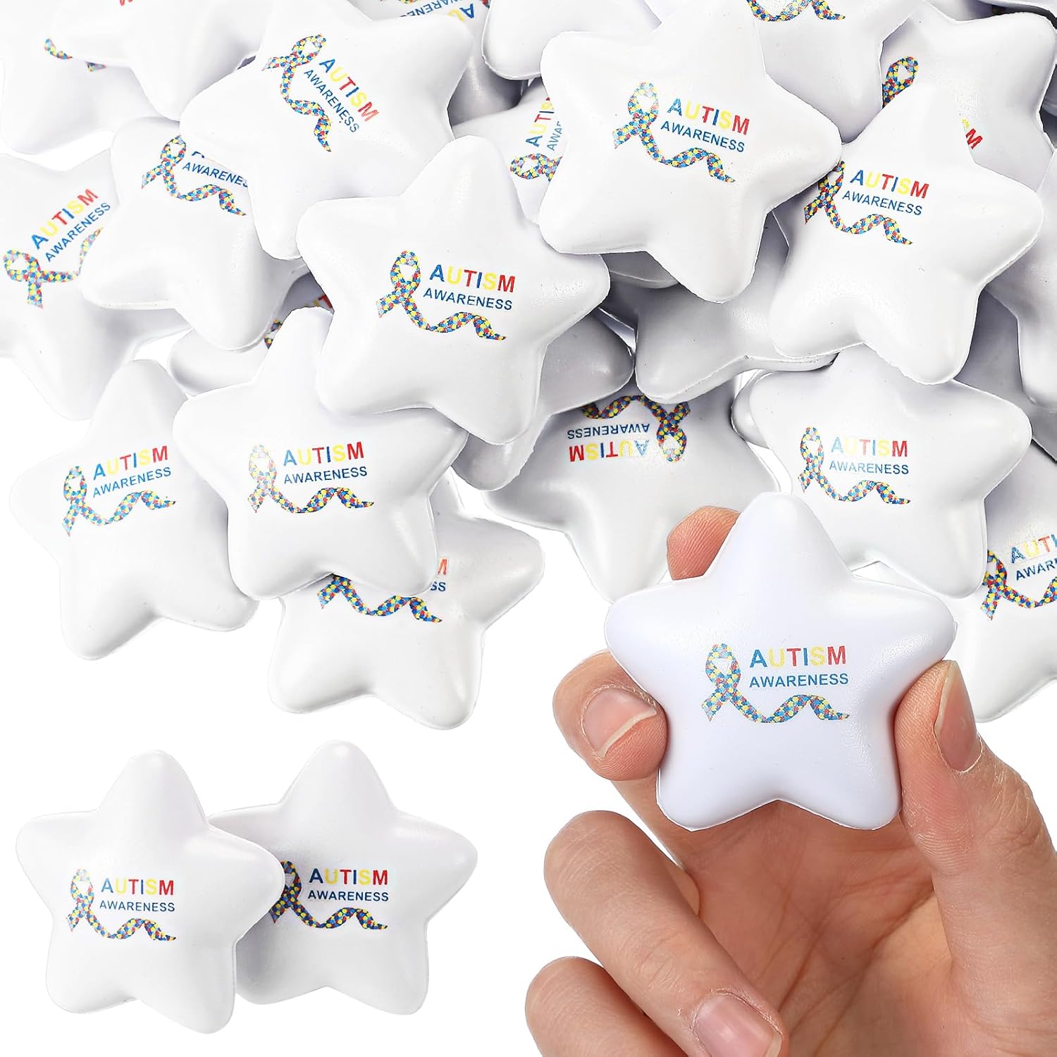 100 Pcs Autism Awareness Stuff Star Stress Balls Foam White Mini Squeeze Ball Autism Awareness Items Gifts Adult Anxiety Relief Accessories Toys for Fundraiser Gifts Supporting Minds