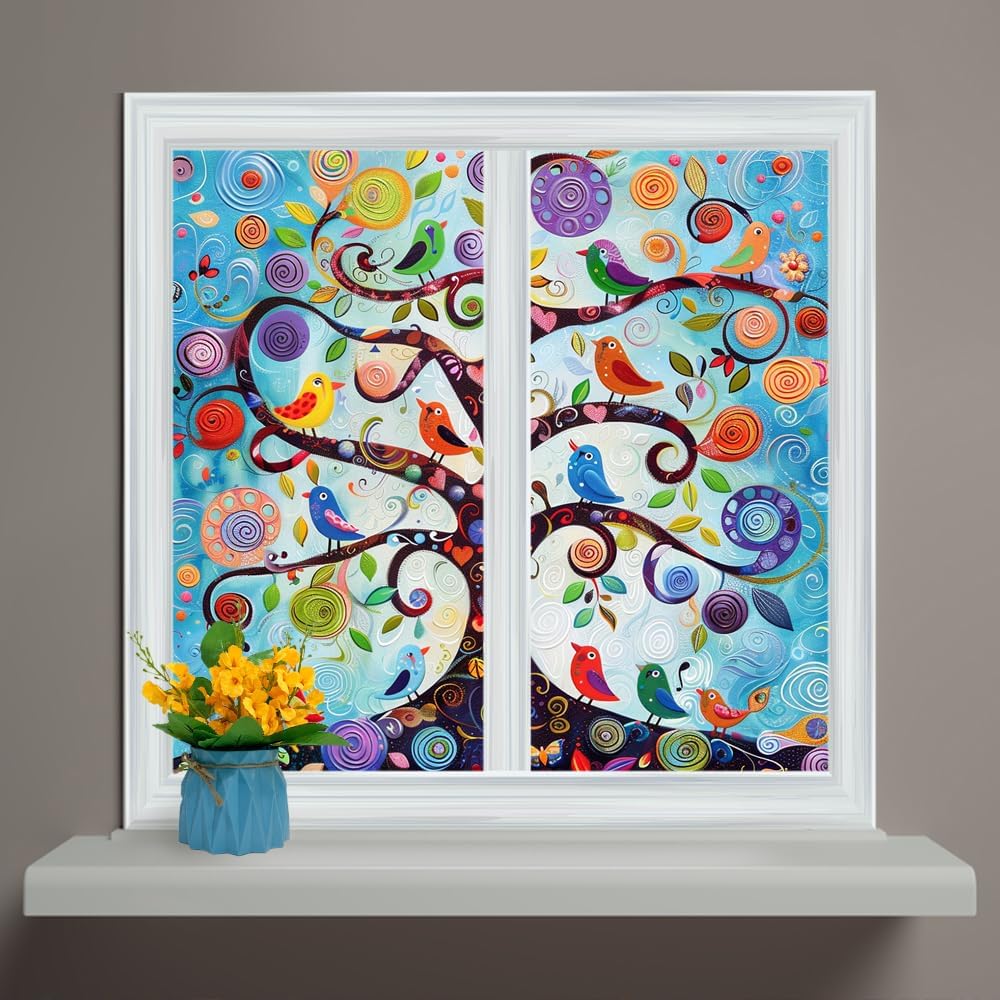 Rustic Boho Tree of Life Stained Glass Window Privacy Film Watercolor Colorful Tree Forest Wildlife Birds Opaque Window Sticker for Home Bathrooms 2 Panels 31.5" W x 47.2" L
