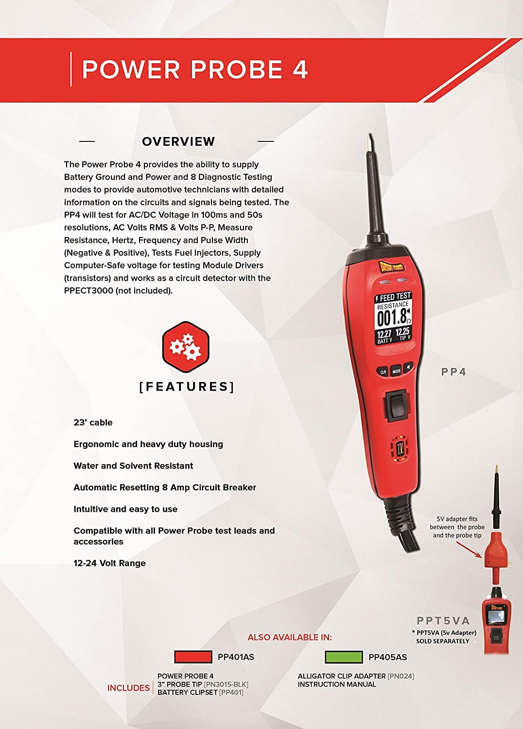 Diagram showing Power Probe 4 features including 23ft cable, ergonomic housing, water resistance, 8 amp circuit breaker, intuitive use, accessory compatibility, and 12-24V range.