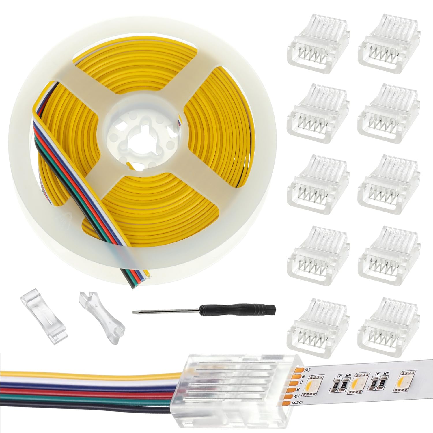 JAMHER 10 Pack LED Strip Connector RGB Lights Adapter Lighting Pin Connectors Clear Unwired Gapless Track Lighting Connector with 5M/16.4ft Cable(6 PIN 12 MM)