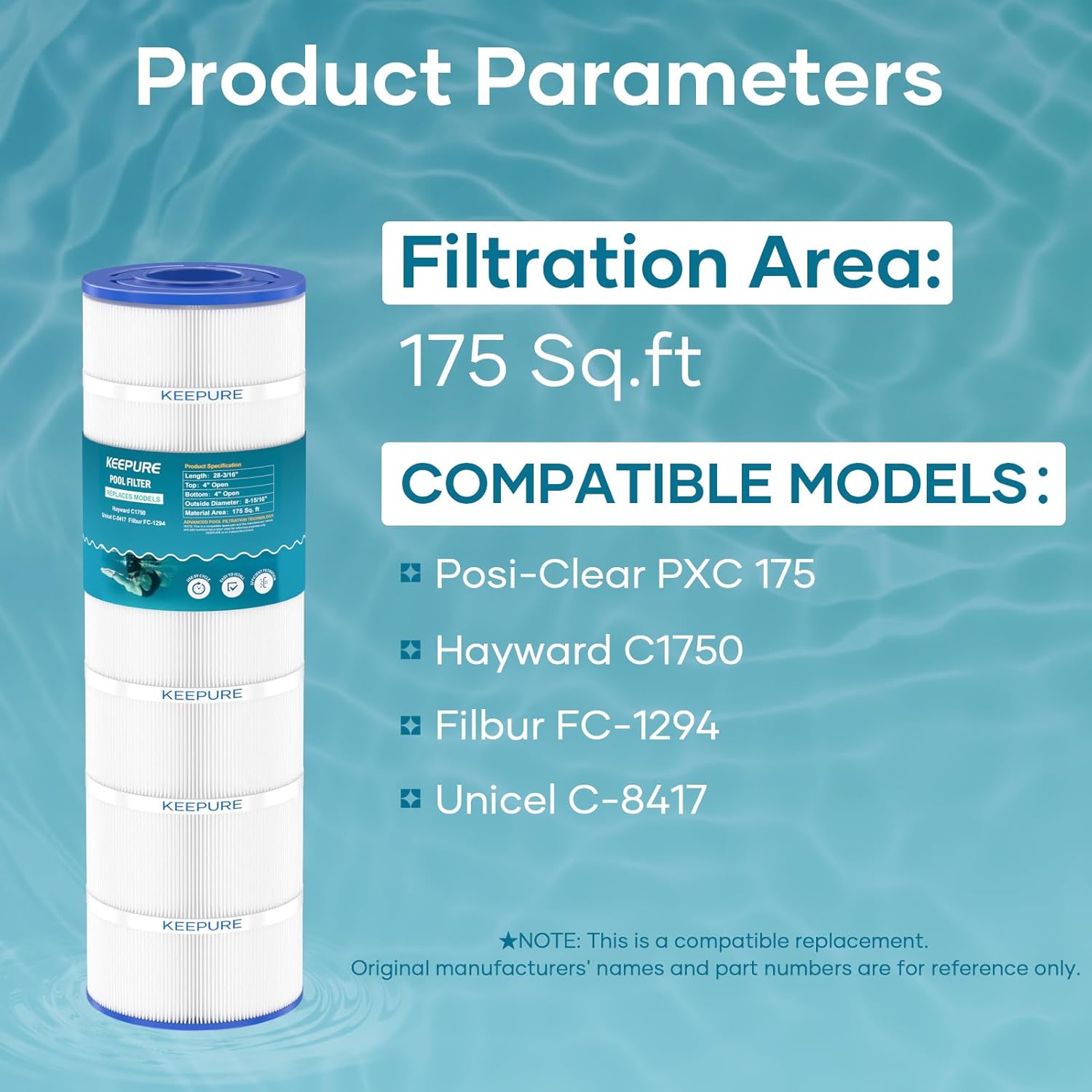 CX1750RE Pool Filter Cartridge Compatible with C1750, PA175, C-8417, FC-1294, C1900RE, PXC175, 817-0175P Filter Cartridge, 175 Sq. Ft,1Pack