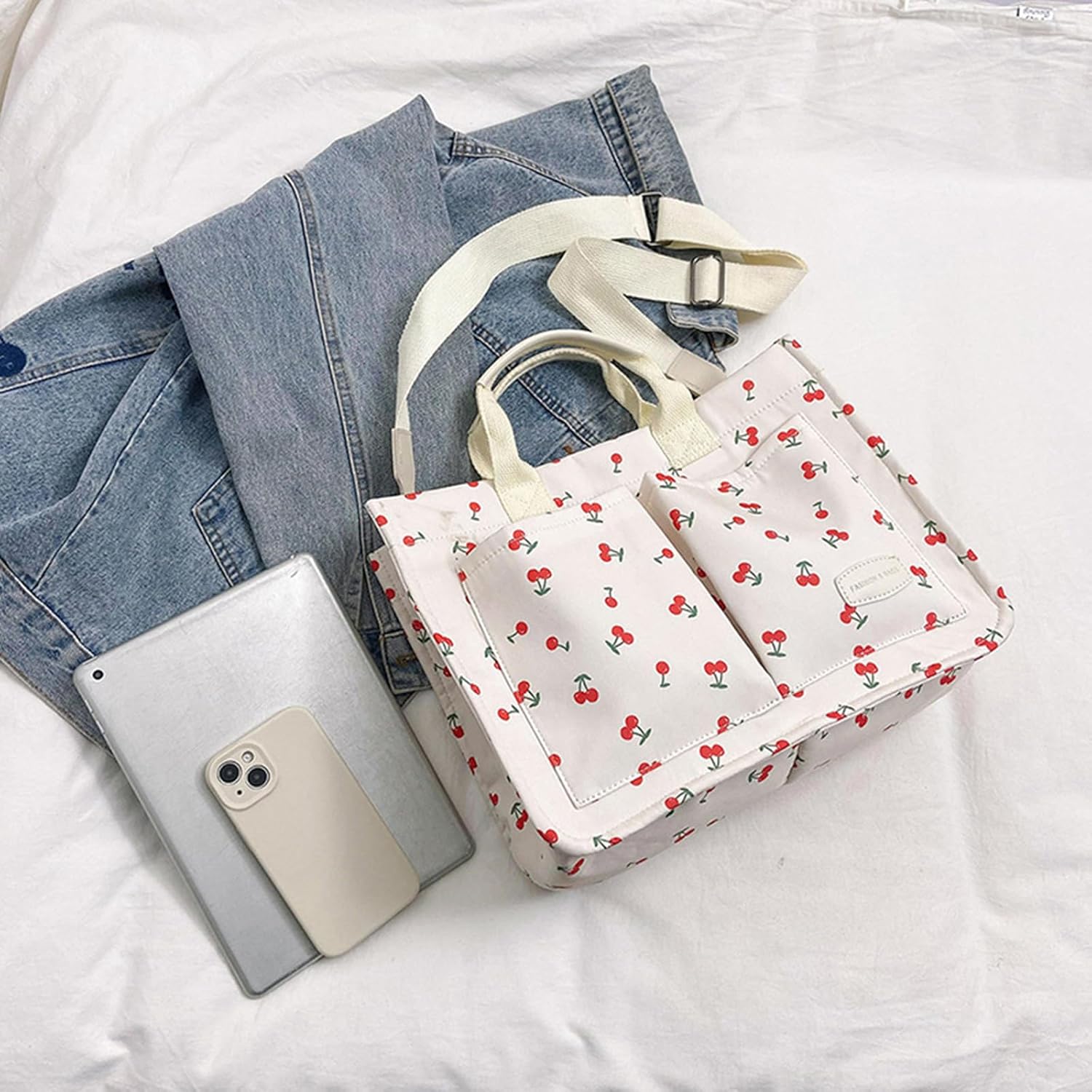 Cherry Tote Bag for Women Canvas Patched Purse Cute Shoulder Bag Multi-Pocket Satchel Handbag for work travel