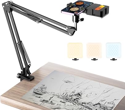 Overhead Phone Mount with Rechargeable Light for iPhone, Desk Tripod with Clamp for Content Creator Camera Recording, Top Down Holder Stand for Filming/Live/Cooking/Unboxing/Drawing/YouTube/TikTok