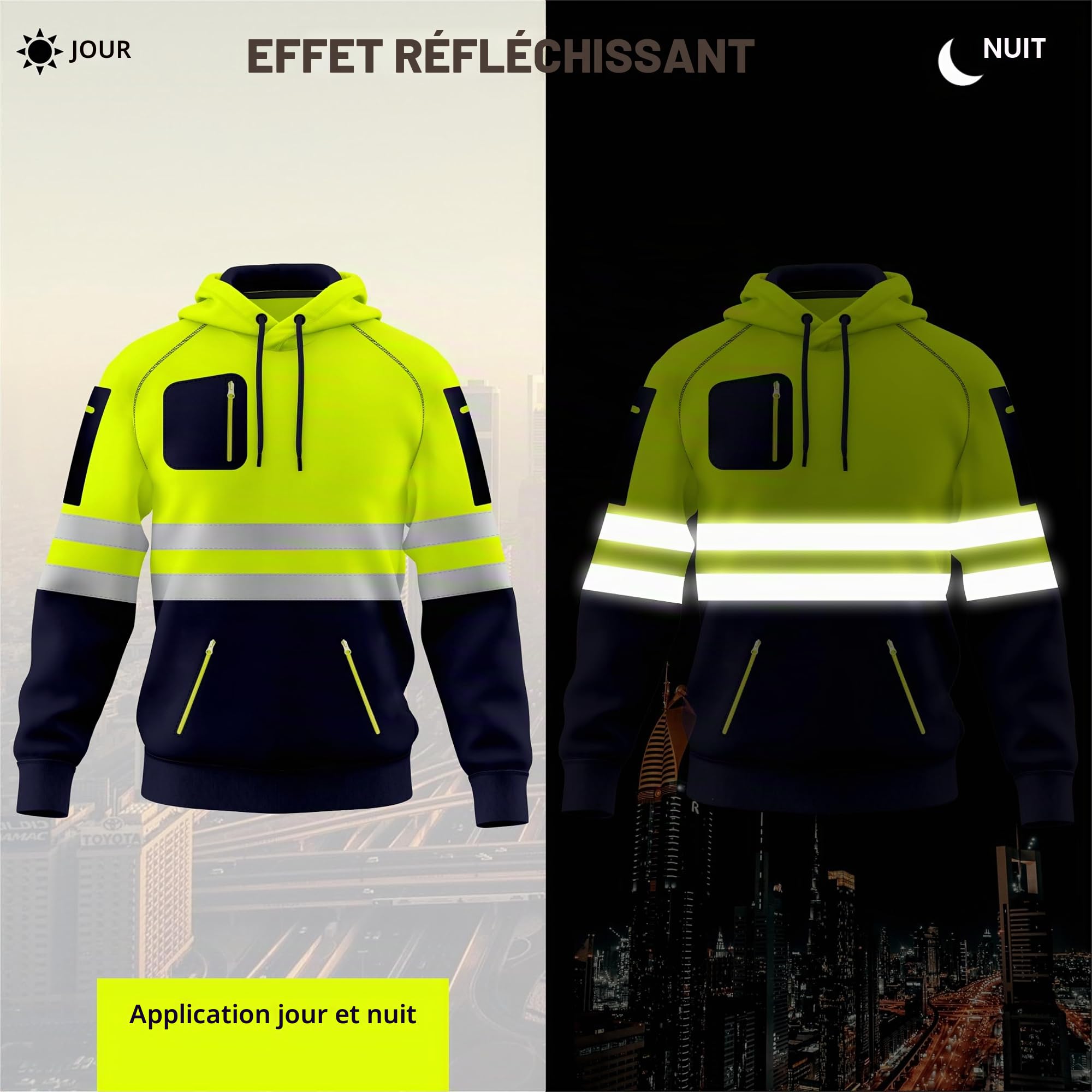 Sweat à capuche haute visibilité pour homme avec bande réfléchissante haute visibilité et poches zippées S-2XL