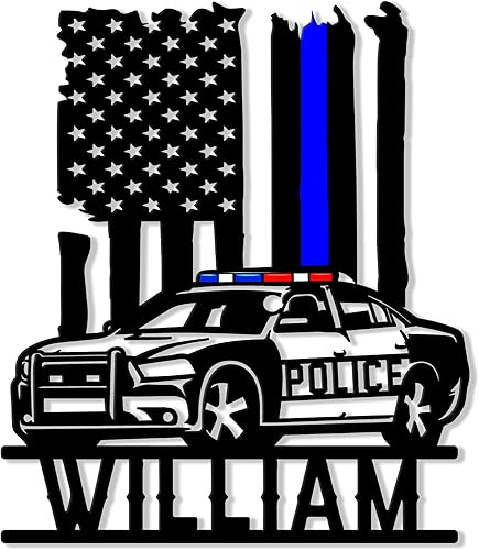 Miniatura 12 de Letrero personalizado de metal de policía, bandera estadounidense delgada de línea azul, letrero colgante de bienvenida al aire libre para porche –
