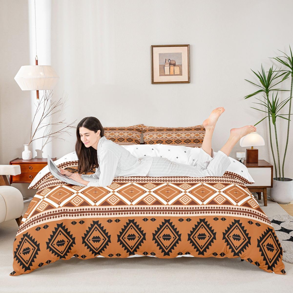 Castle Fairy Boho Duvet Cover Set King Size,Geometric Vintage Aztec Bedding Set 2 Pcs for Boys Girls Adults Youth,Boho Tribal Rustic Farmhouse Comforter Cover(No Filler),Southwest Ethnic Quilt Cover